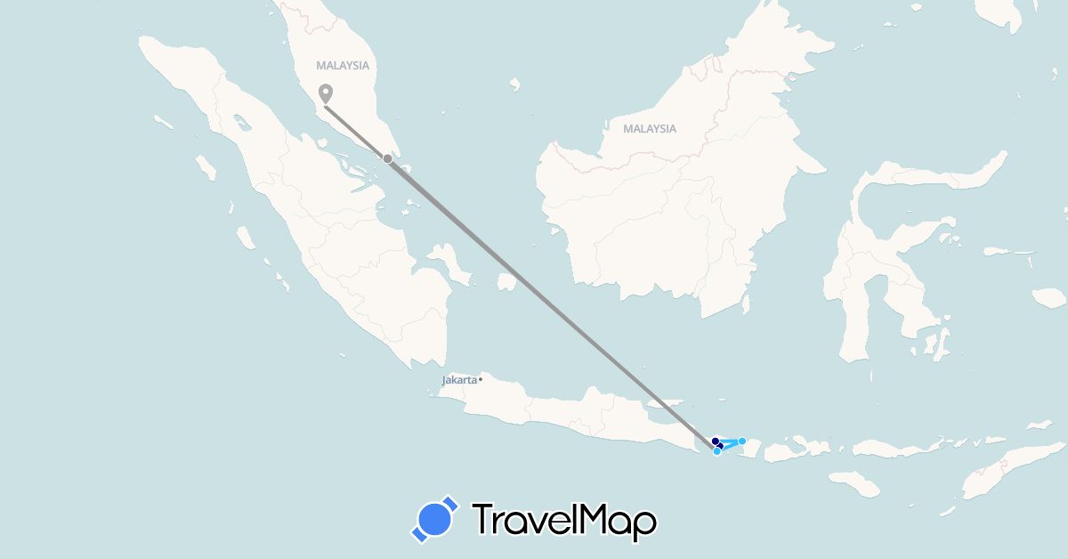TravelMap itinerary: driving, plane, boat in Indonesia, Malaysia, Singapore (Asia)